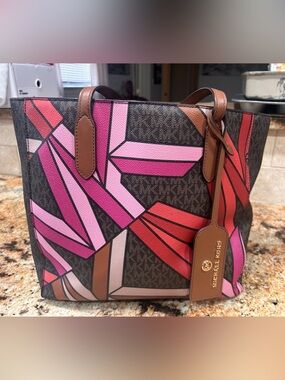 Michael Kors Brown Logo Tote with Pink & Red Geometric Print